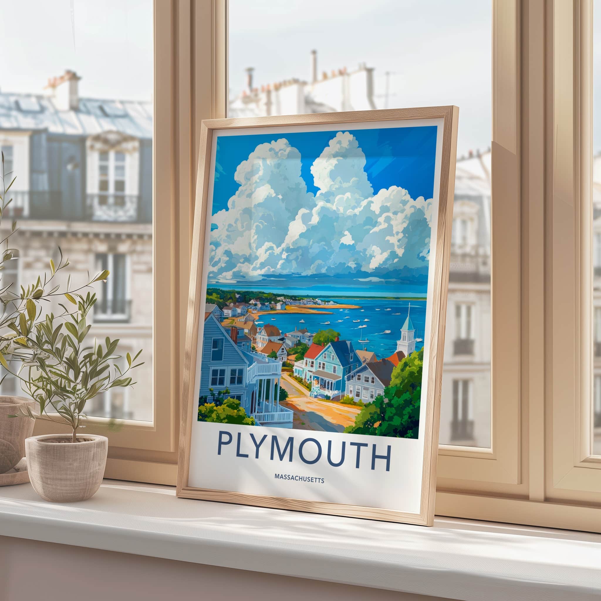 Plymouth Poster - Massachusetts Travel Art - Coastal Townscape Bay Home Decor