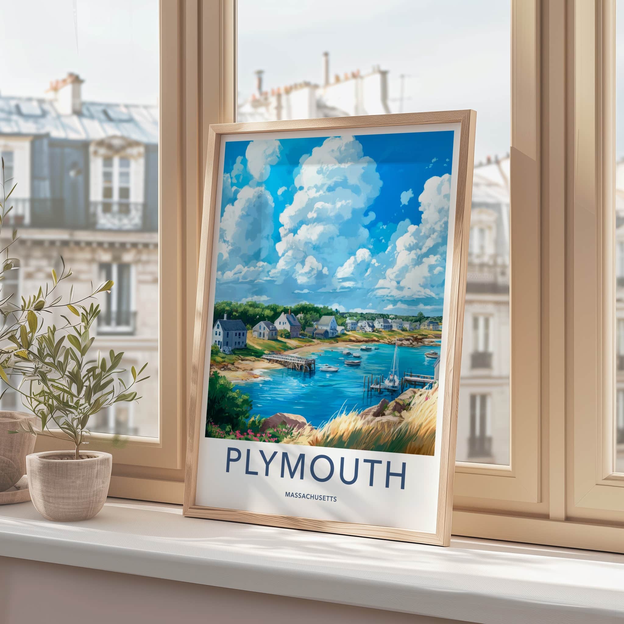 Plymouth Poster - Massachusetts Travel Art - Coastal Village Harbor Home Decor