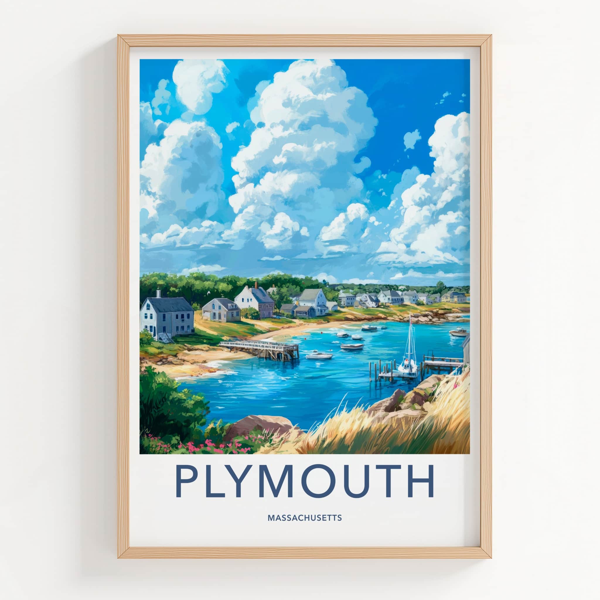 Plymouth Poster - Massachusetts Travel Art - Coastal Village Harbor Home Decor