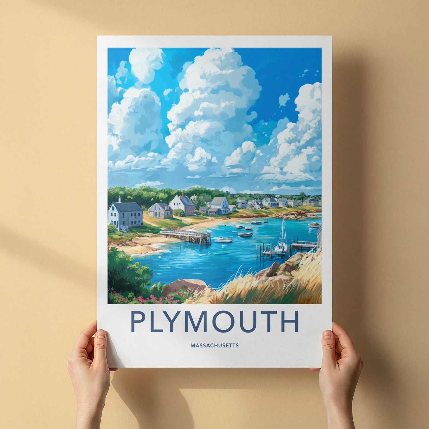 Plymouth Poster - Massachusetts Travel Art - Coastal Village Harbor Home Decor