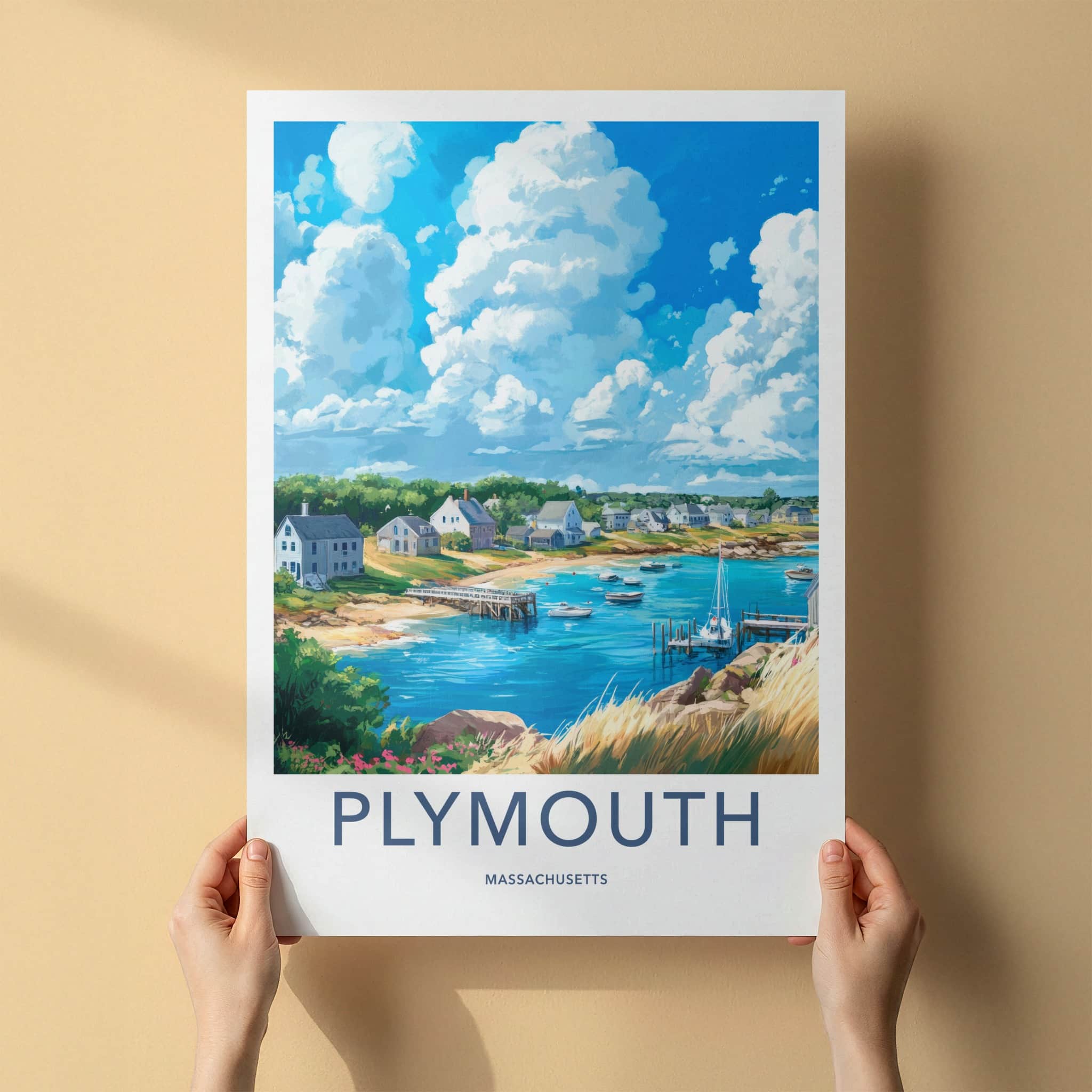 Plymouth Poster - Massachusetts Travel Art - Coastal Village Harbor Home Decor