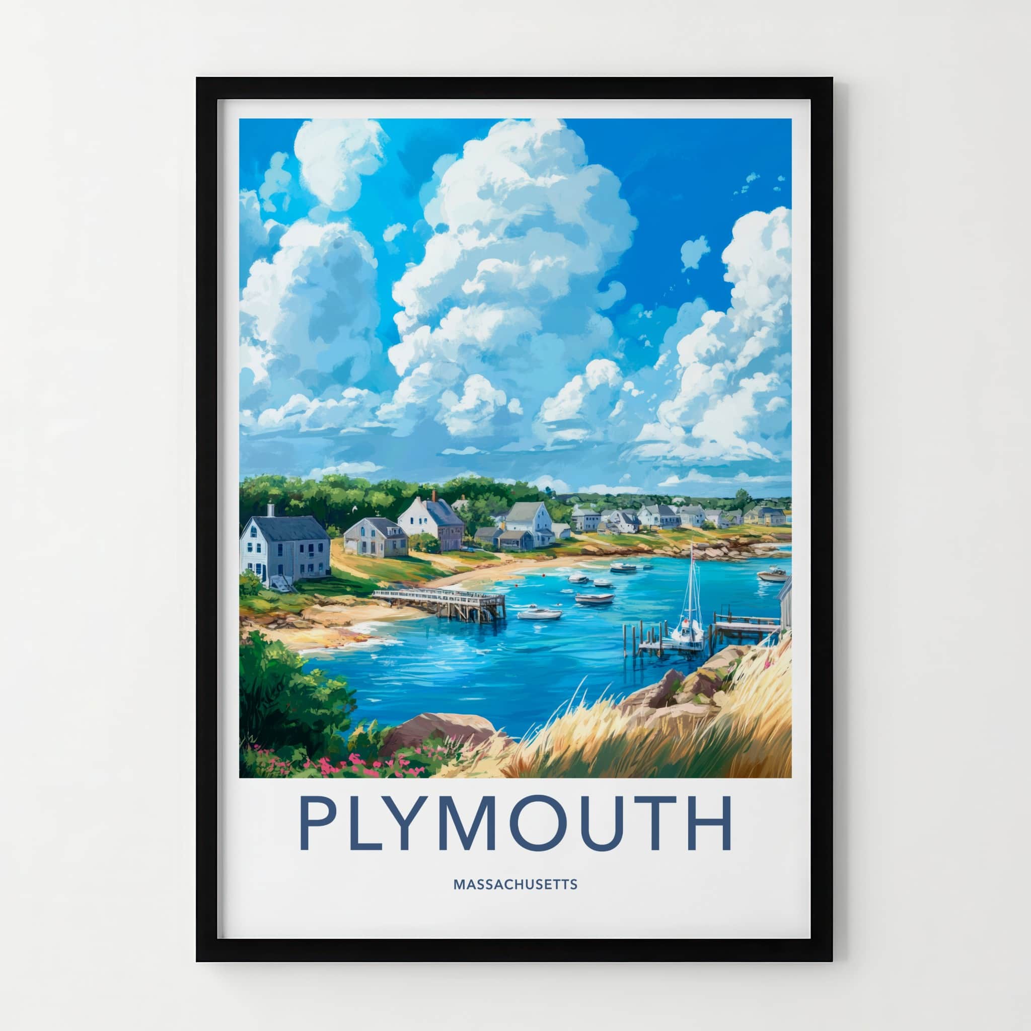 Plymouth Poster - Massachusetts Travel Art - Coastal Village Harbor Home Decor