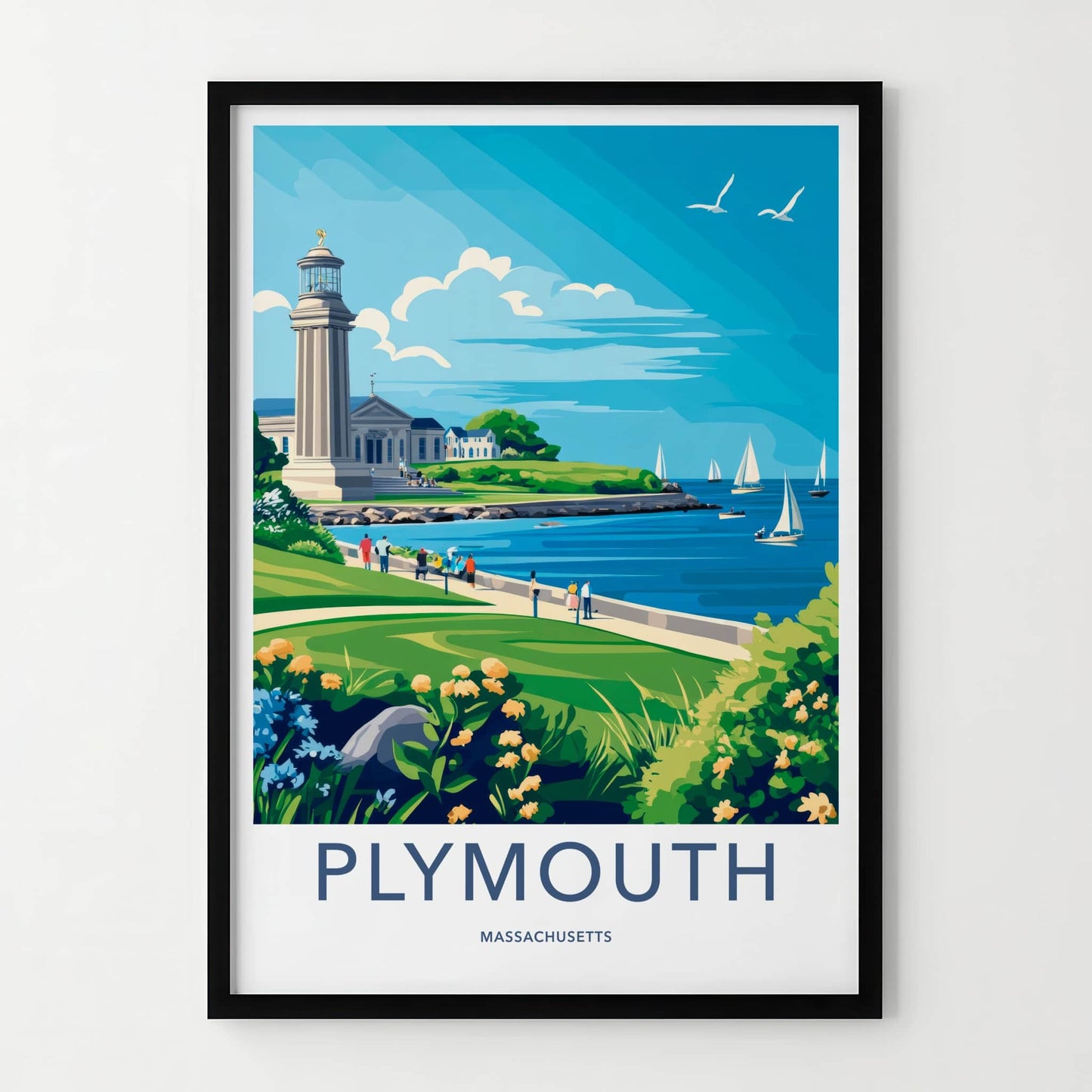 Plymouth Poster - Massachusetts Travel Art - Lighthouse Bay Scene Home Decor