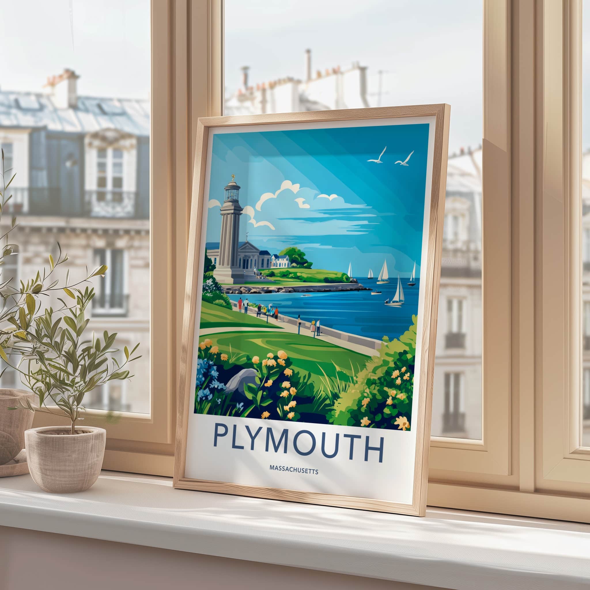 Plymouth Poster - Massachusetts Travel Art - Lighthouse Bay Scene Home Decor
