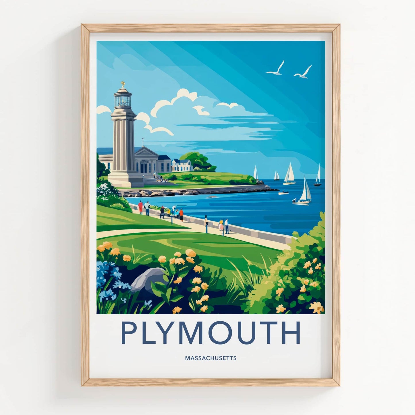 Plymouth Poster - Massachusetts Travel Art - Lighthouse Bay Scene Home Decor