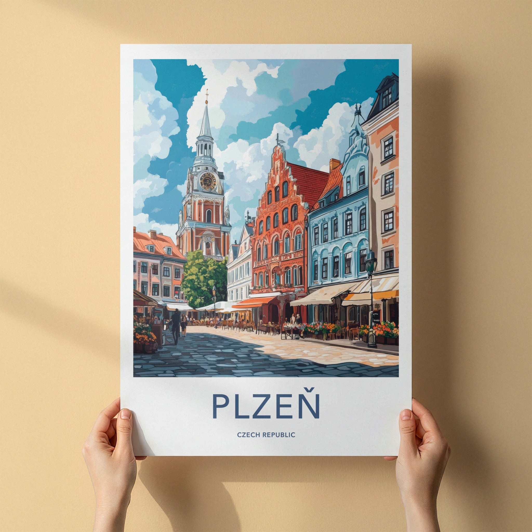 Plzen Poster - Czech Republic Travel Art - Clock Tower Street Home Decor
