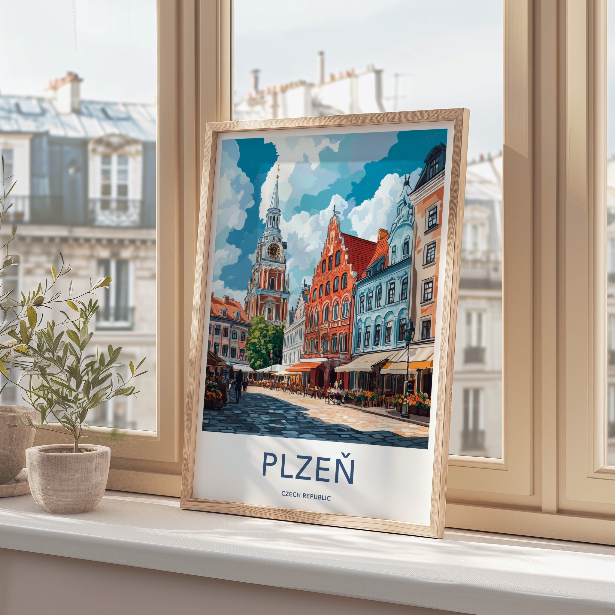 Plzen Poster - Czech Republic Travel Art - Clock Tower Street Home Decor