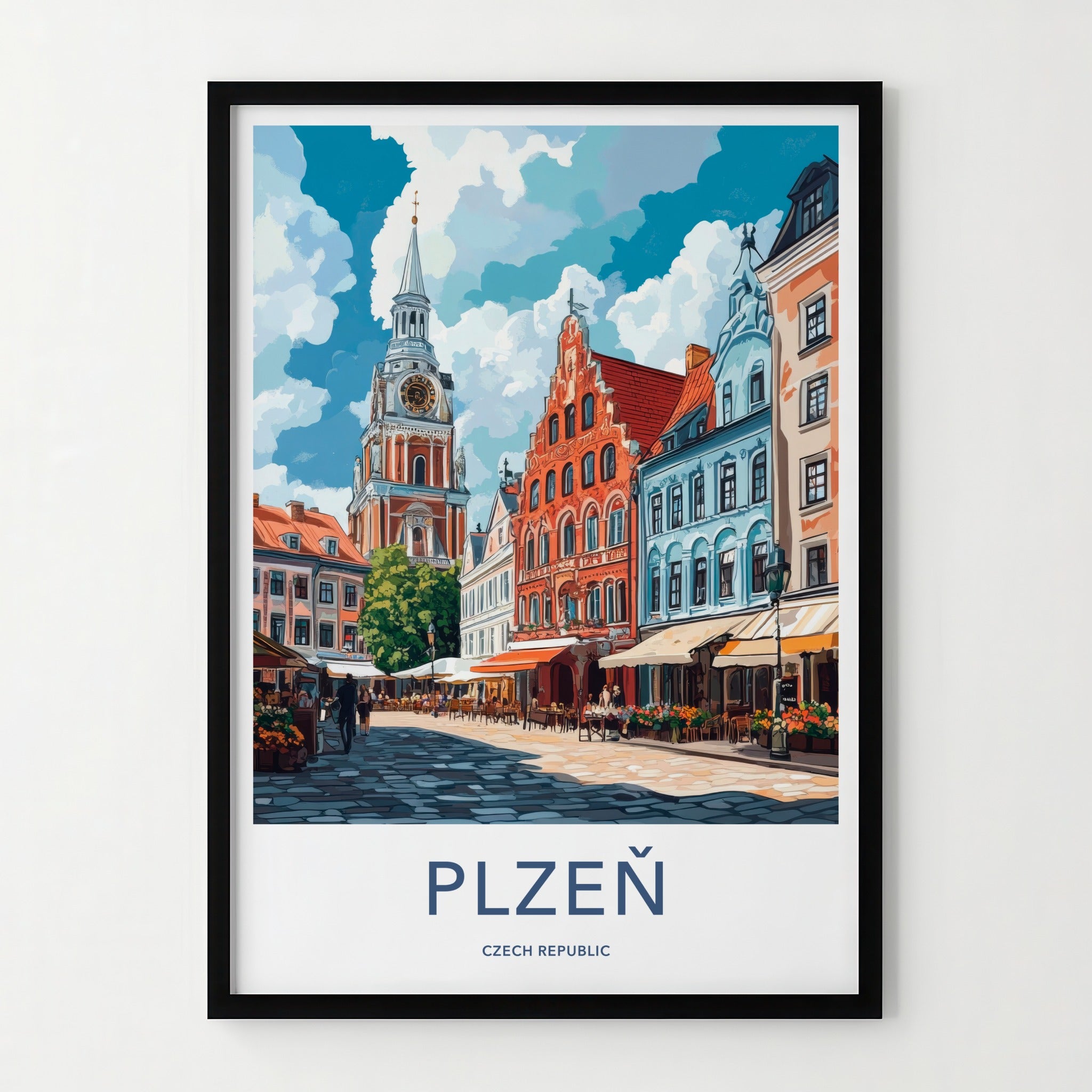 Plzen Poster - Czech Republic Travel Art - Clock Tower Street Home Decor