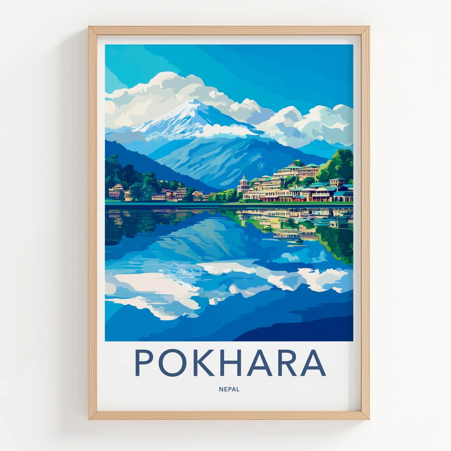 Pokhara Poster - Nepal Travel Art - Lakeside Mountain Reflections Wall Decor