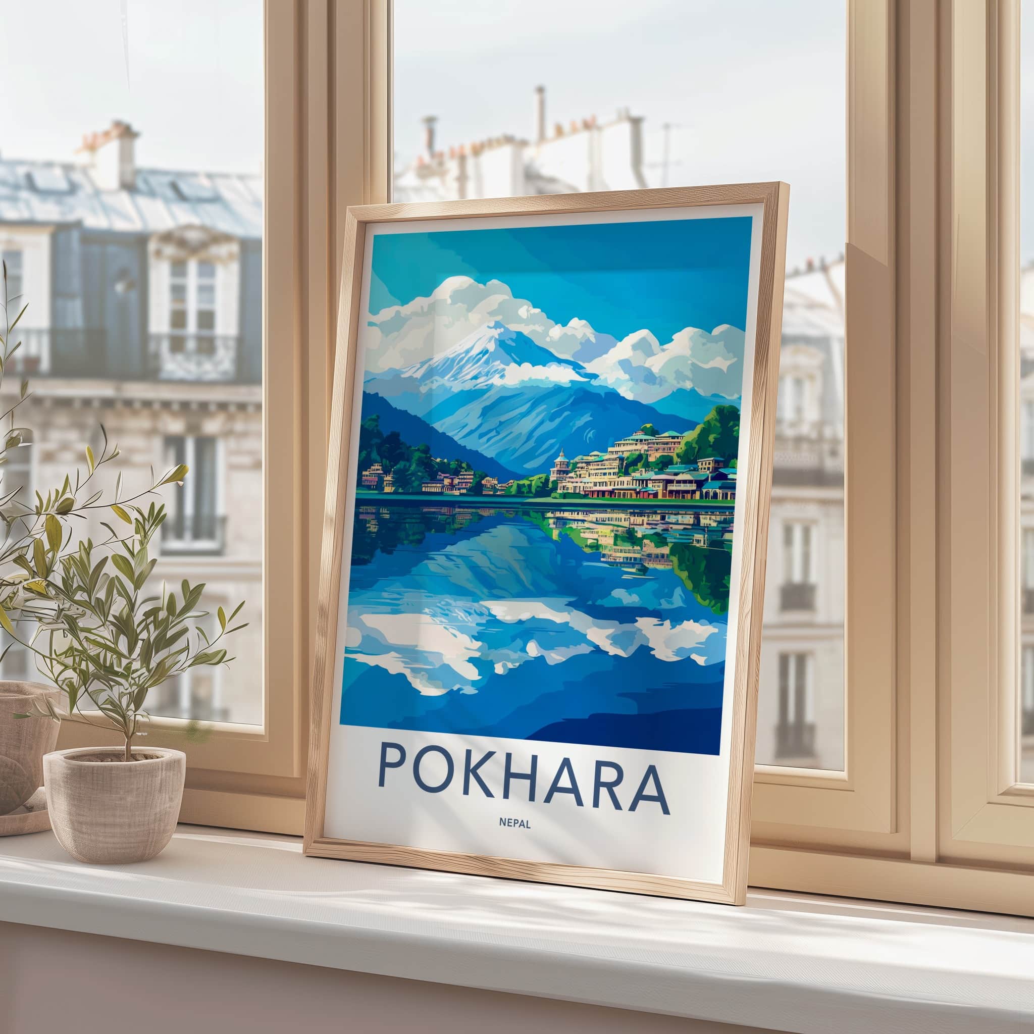 Pokhara Poster - Nepal Travel Art - Lakeside Mountain Reflections Wall Decor