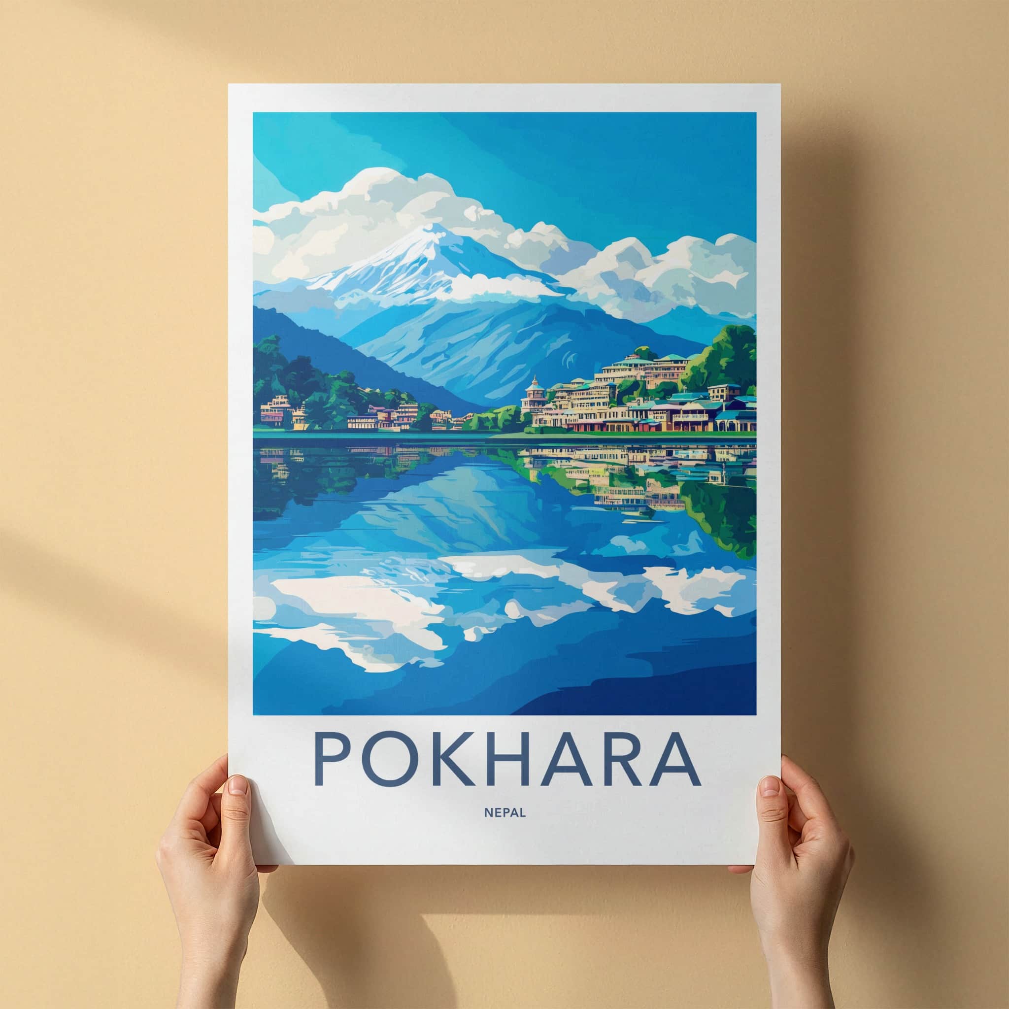 Pokhara Poster - Nepal Travel Art - Lakeside Mountain Reflections Wall Decor