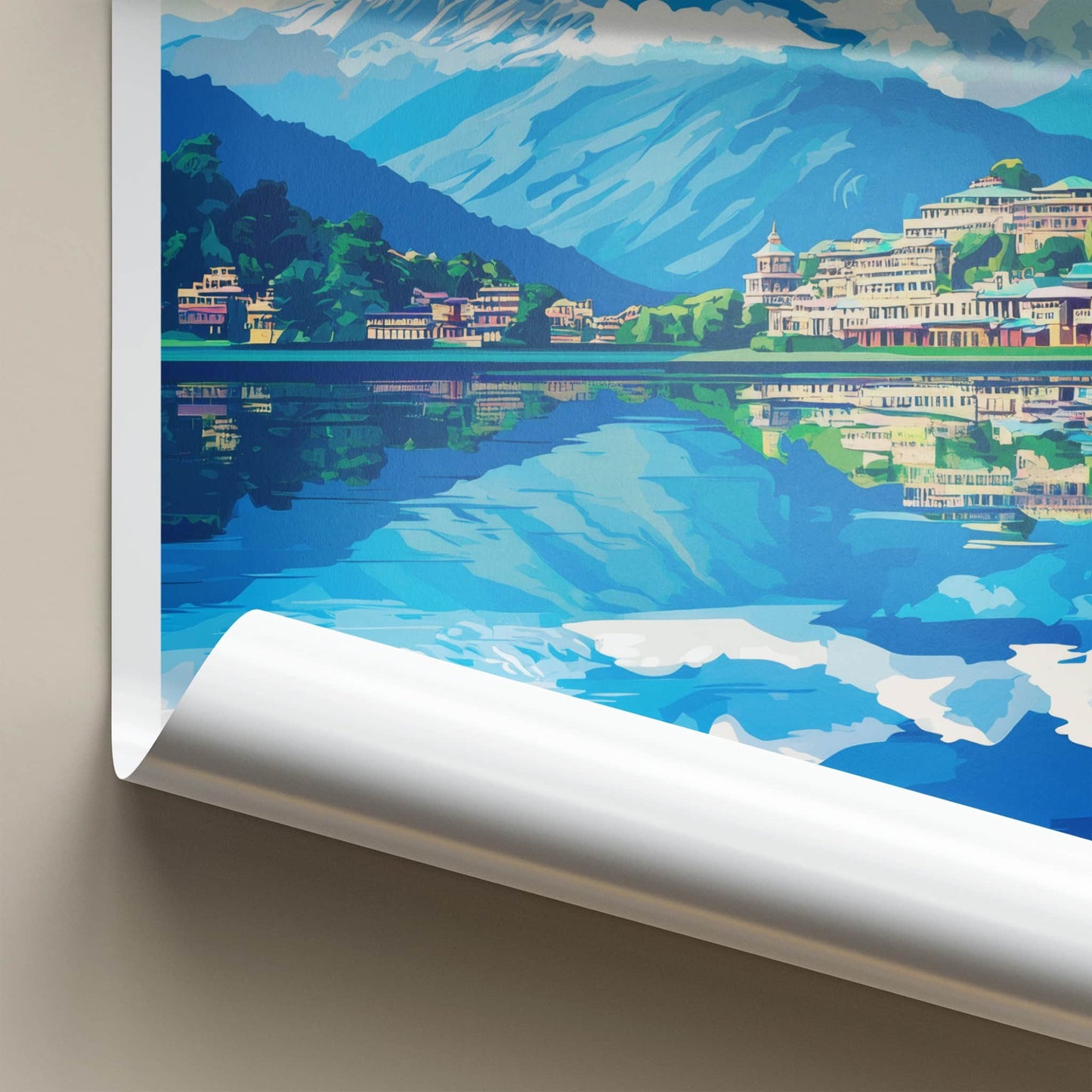 Pokhara Poster - Nepal Travel Art - Lakeside Mountain Reflections Wall Decor