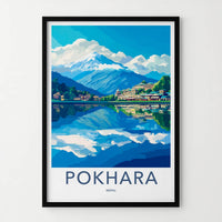 Pokhara Poster - Nepal Travel Art - Lakeside Mountain Reflections Wall Decor