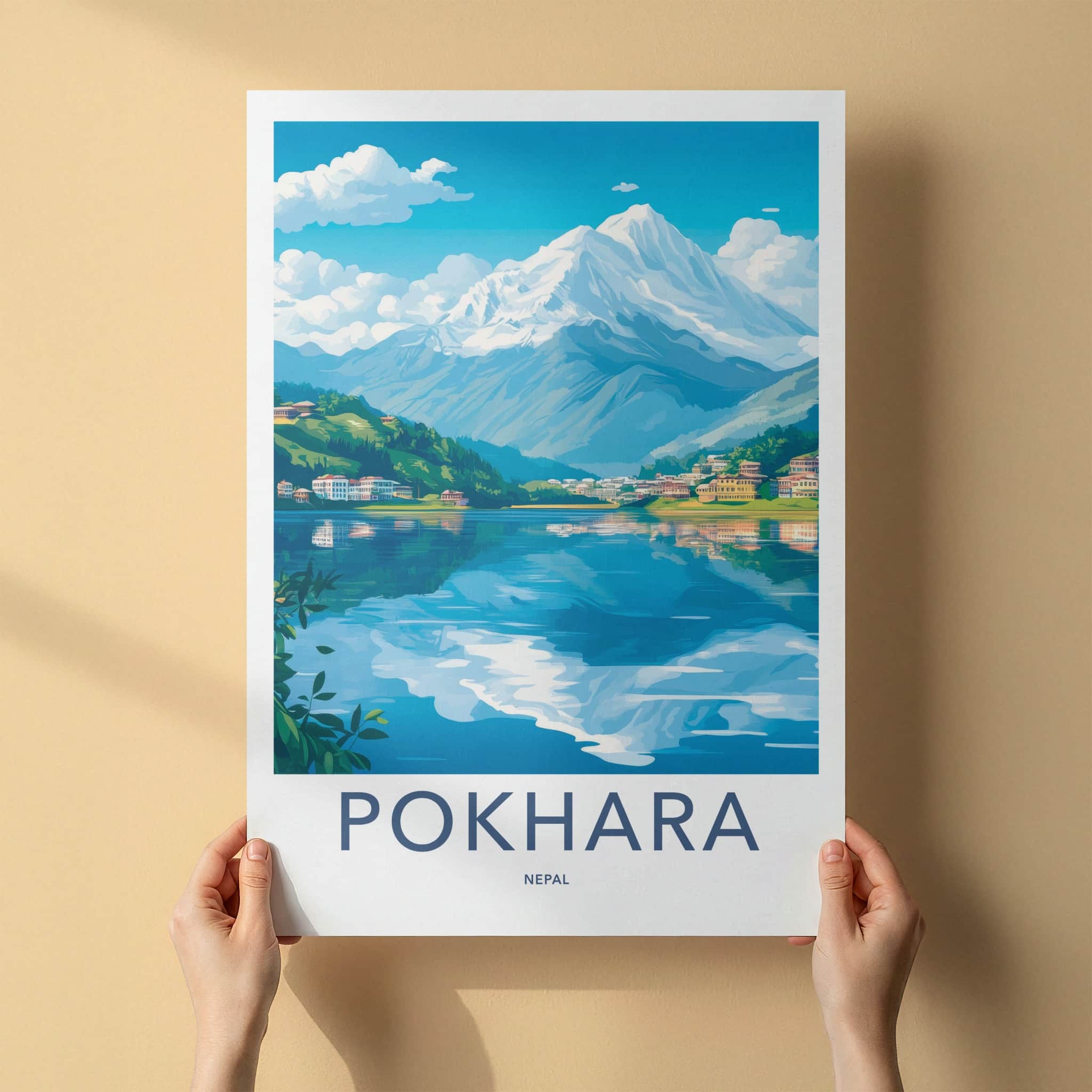 Pokhara Poster - Nepal Travel Art - Lakeside Mountain View Home Decor