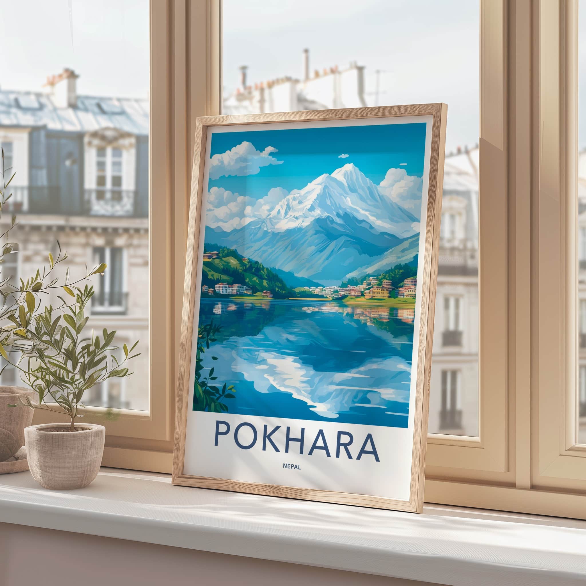 Pokhara Poster - Nepal Travel Art - Lakeside Mountain View Home Decor