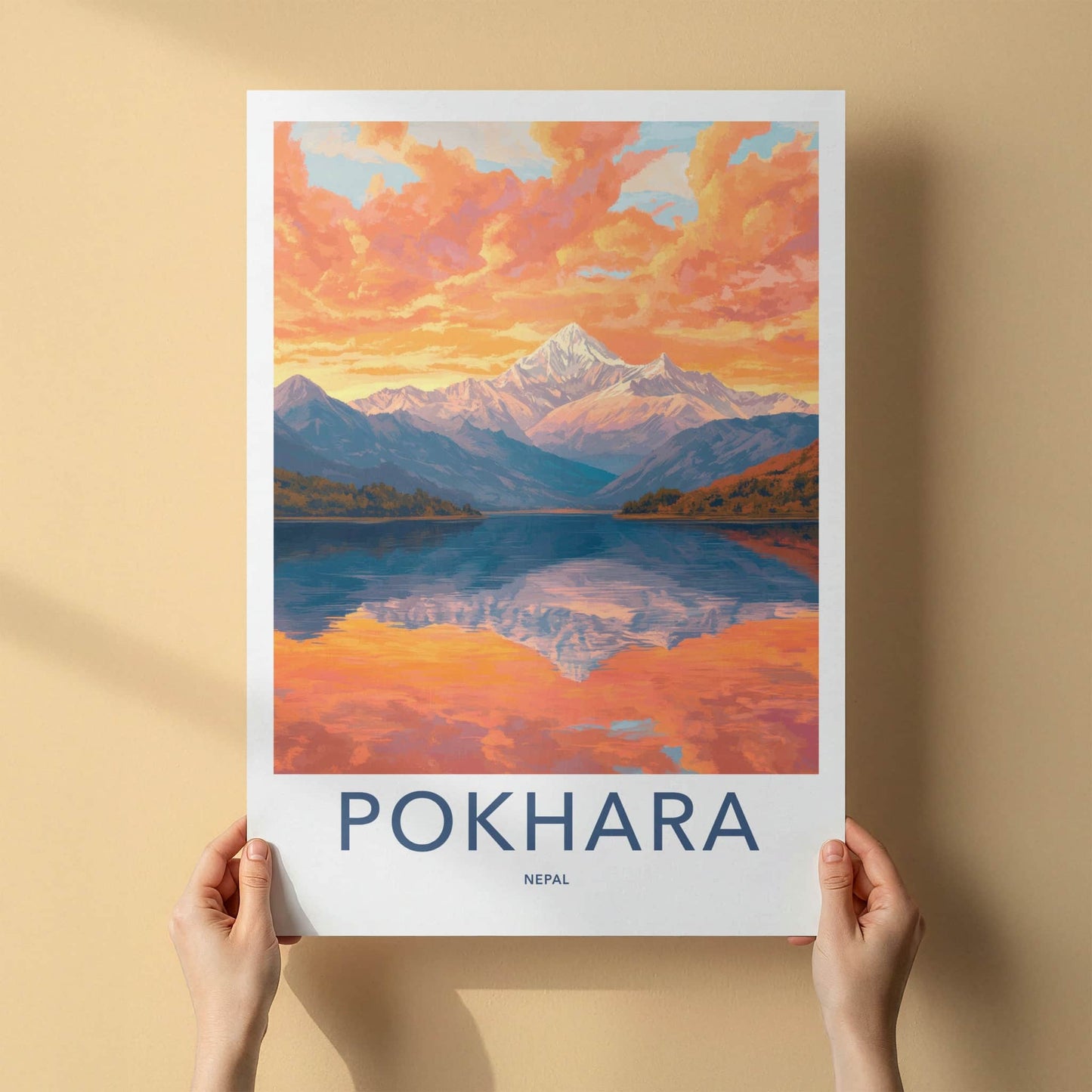 Pokhara Poster - Nepal Travel Art - Orange Sky Reflection Home Decor