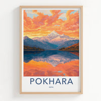 Pokhara Poster - Nepal Travel Art - Orange Sky Reflection Home Decor