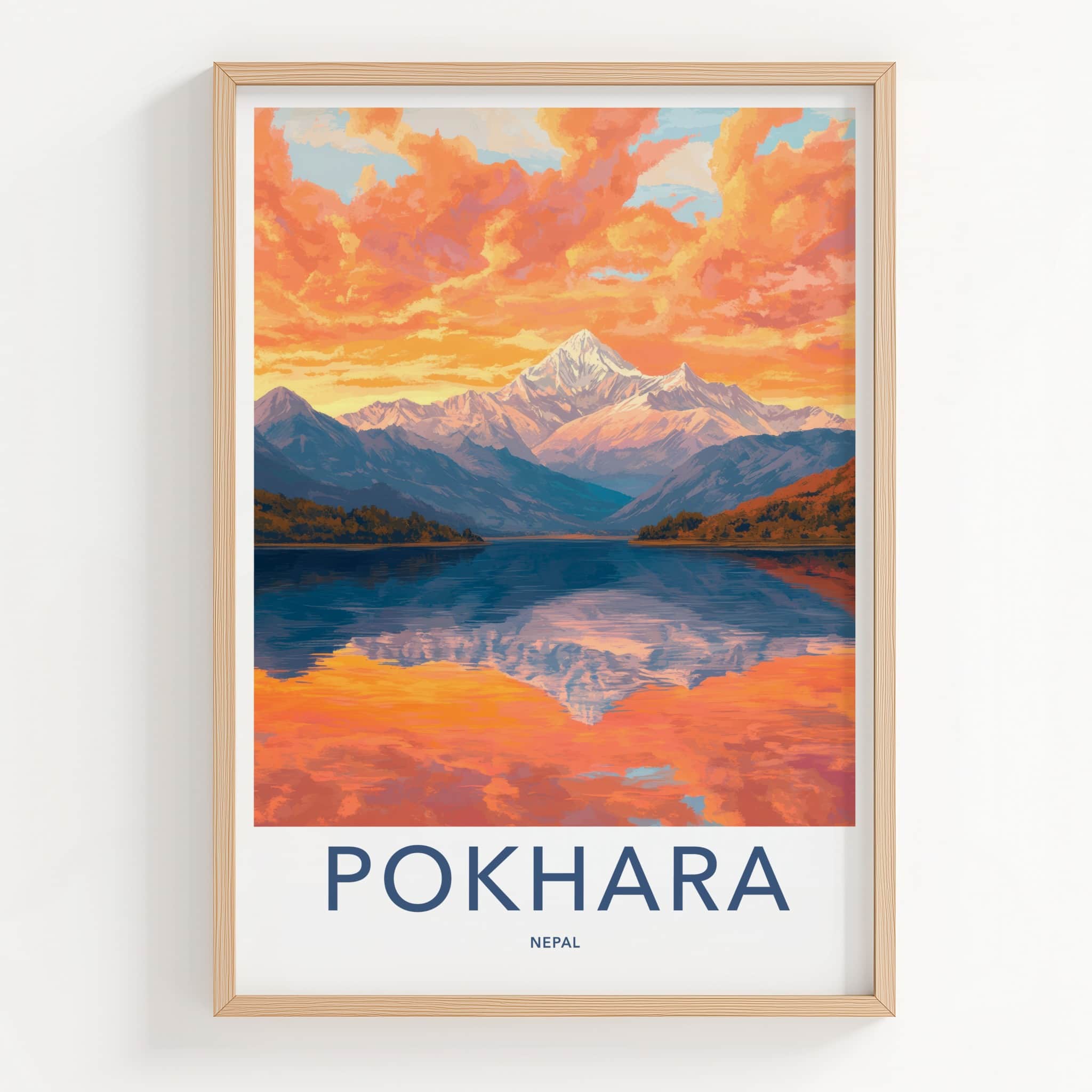 Pokhara Poster - Nepal Travel Art - Orange Sky Reflection Home Decor