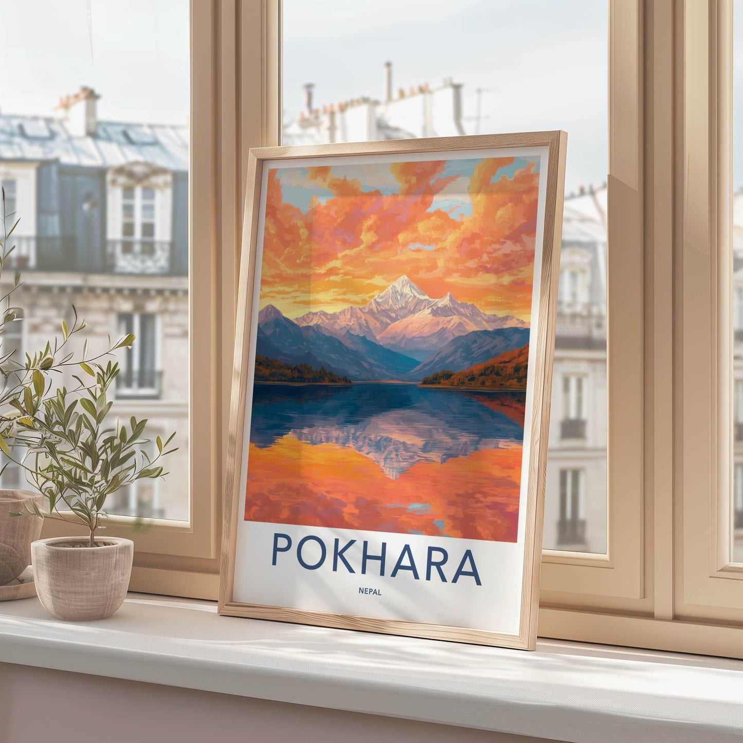 Pokhara Poster - Nepal Travel Art - Orange Sky Reflection Home Decor