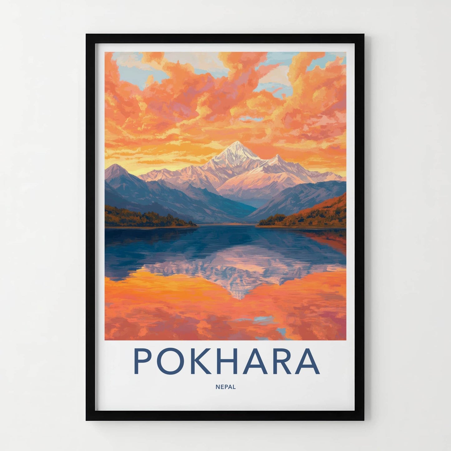 Pokhara Poster - Nepal Travel Art - Orange Sky Reflection Home Decor