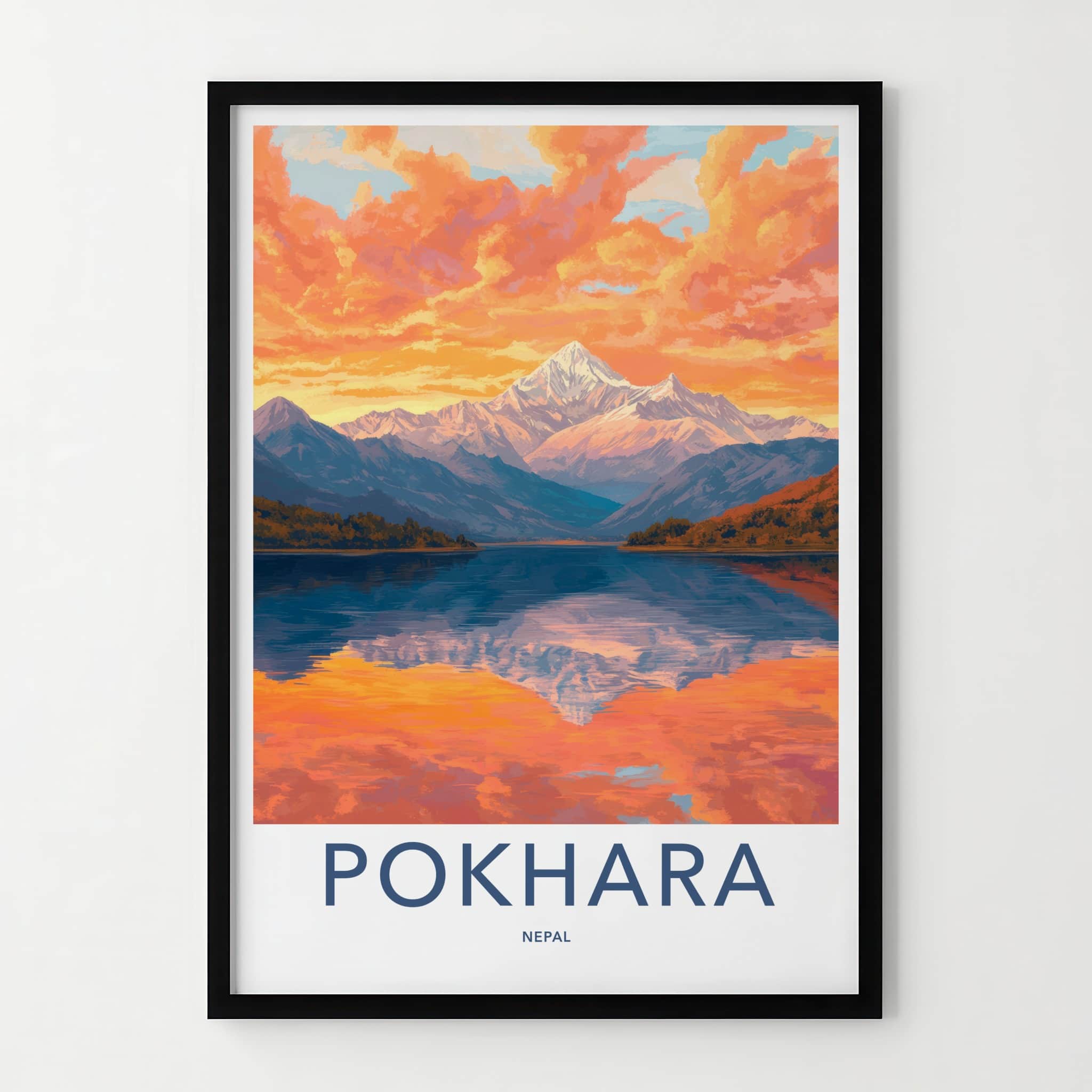 Pokhara Poster - Nepal Travel Art - Orange Sky Reflection Home Decor
