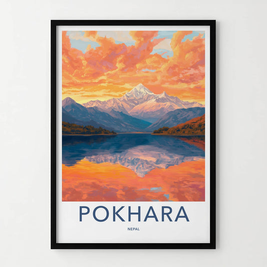 Pokhara Poster - Nepal Travel Art - Orange Sky Reflection Home Decor