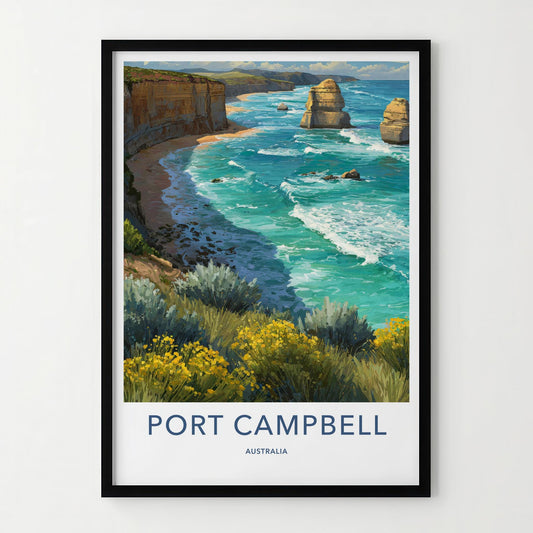 Port Campbell Poster - Australia Travel Art - Coastal Cliffs Waves Wall Decor