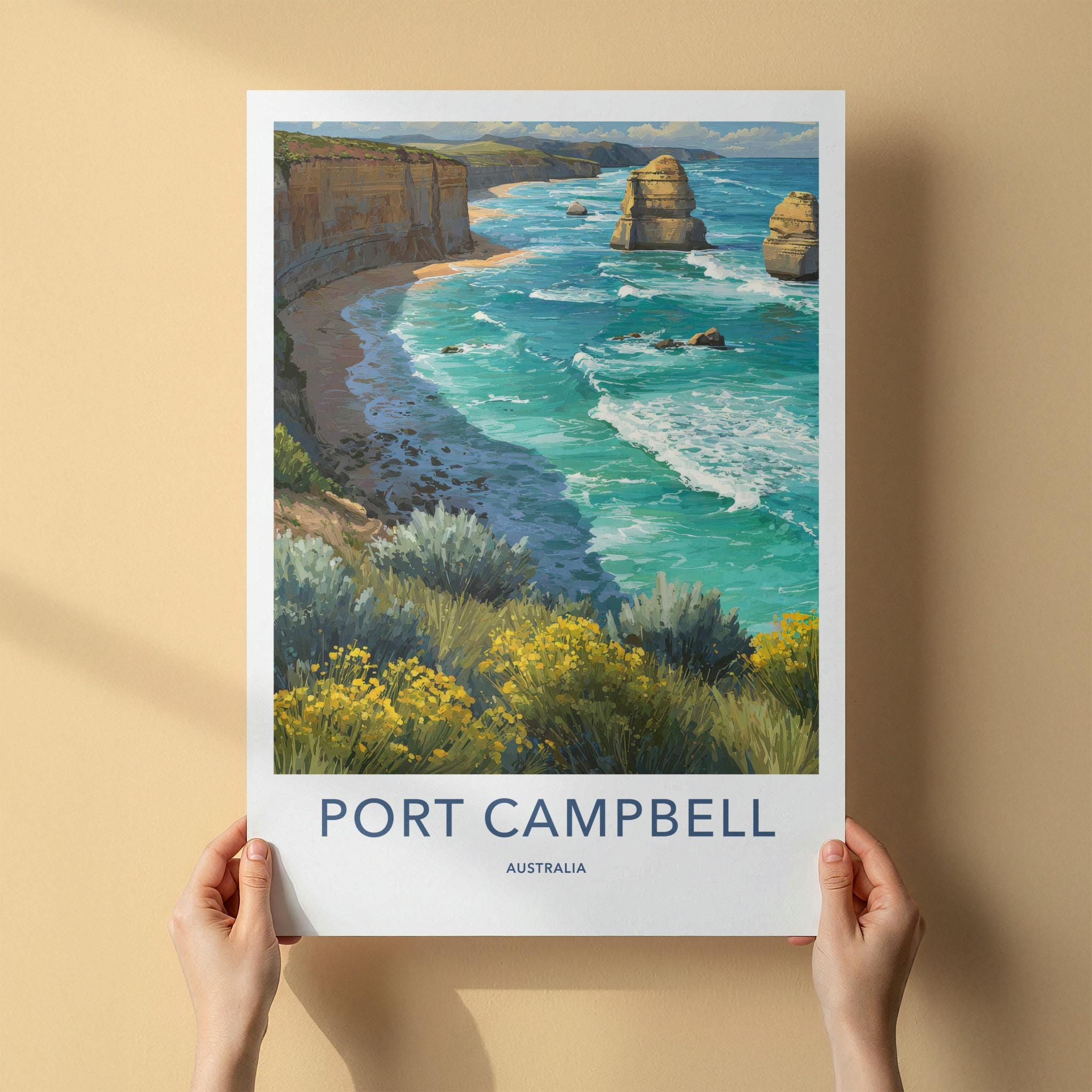 Port Campbell Poster - Australia Travel Art - Coastal Cliffs Waves Wall Decor