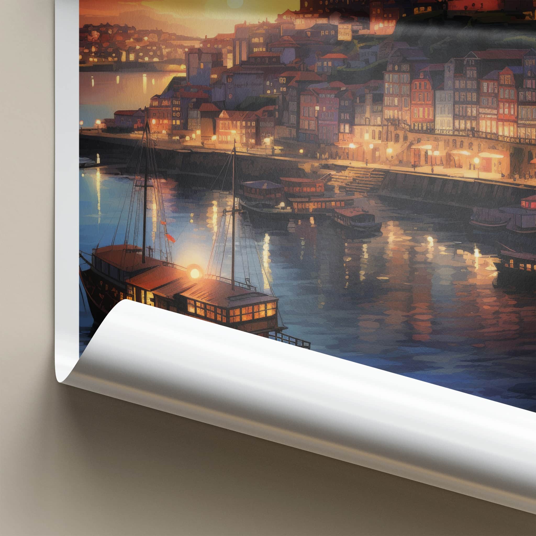 Porto Poster - Portugal Travel Art - Evening Riverside Scene Home Decor