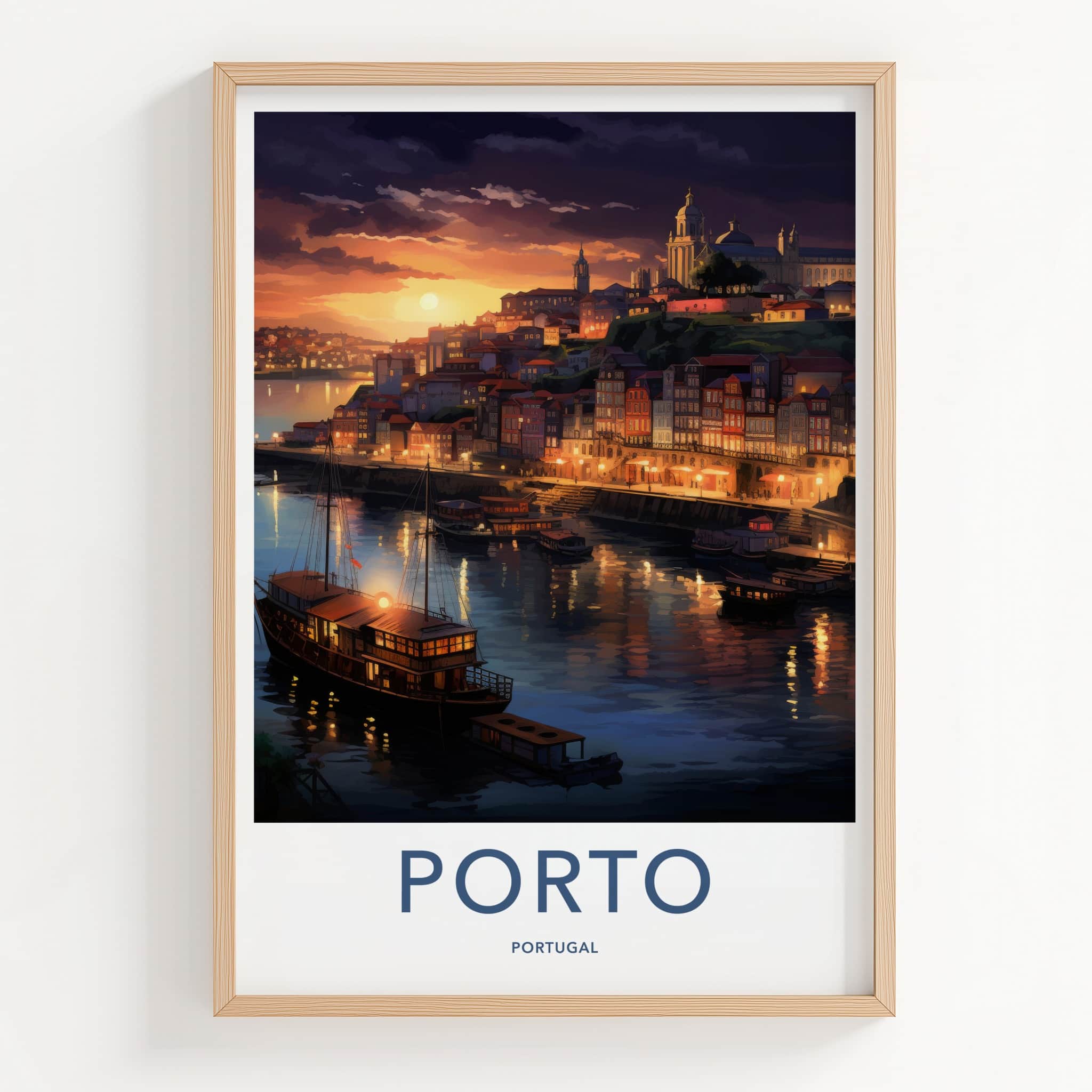 Porto Poster - Portugal Travel Art - Evening Riverside Scene Home Decor