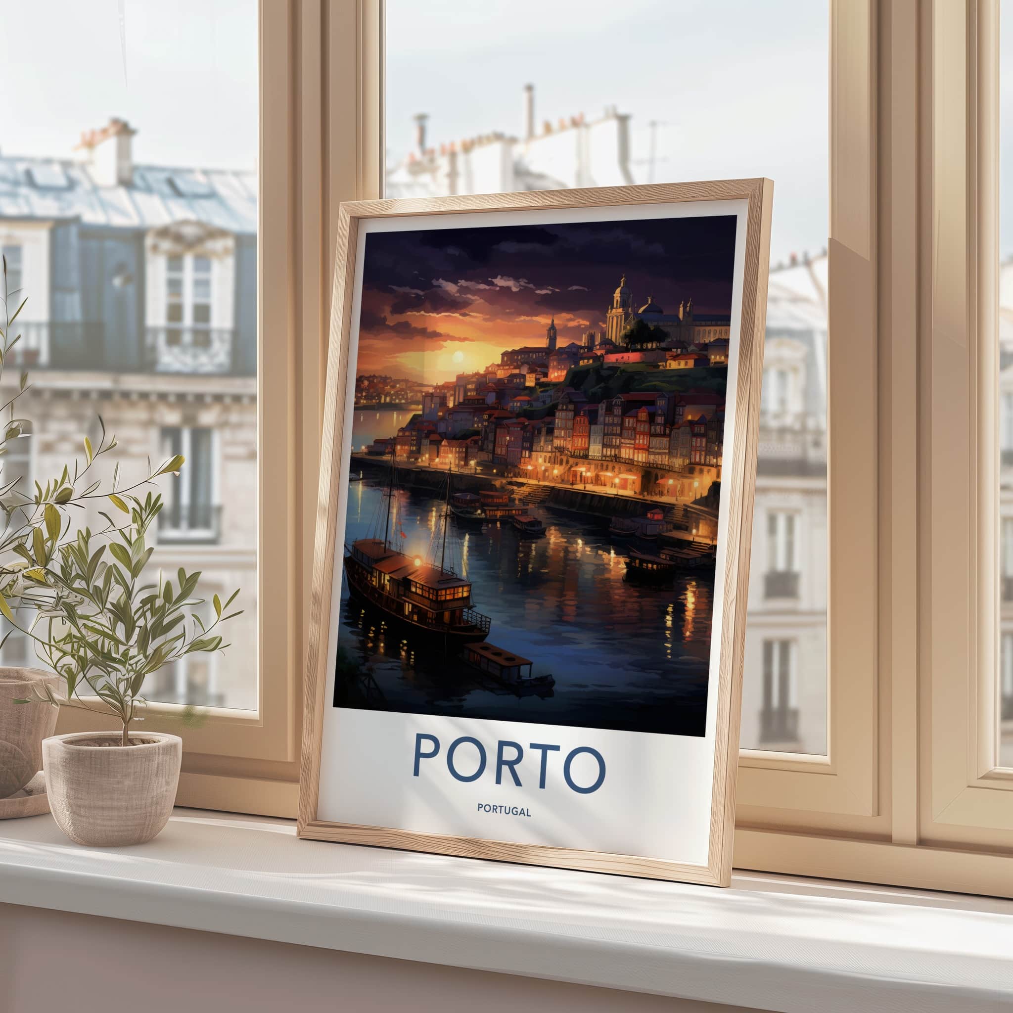 Porto Poster - Portugal Travel Art - Evening Riverside Scene Home Decor