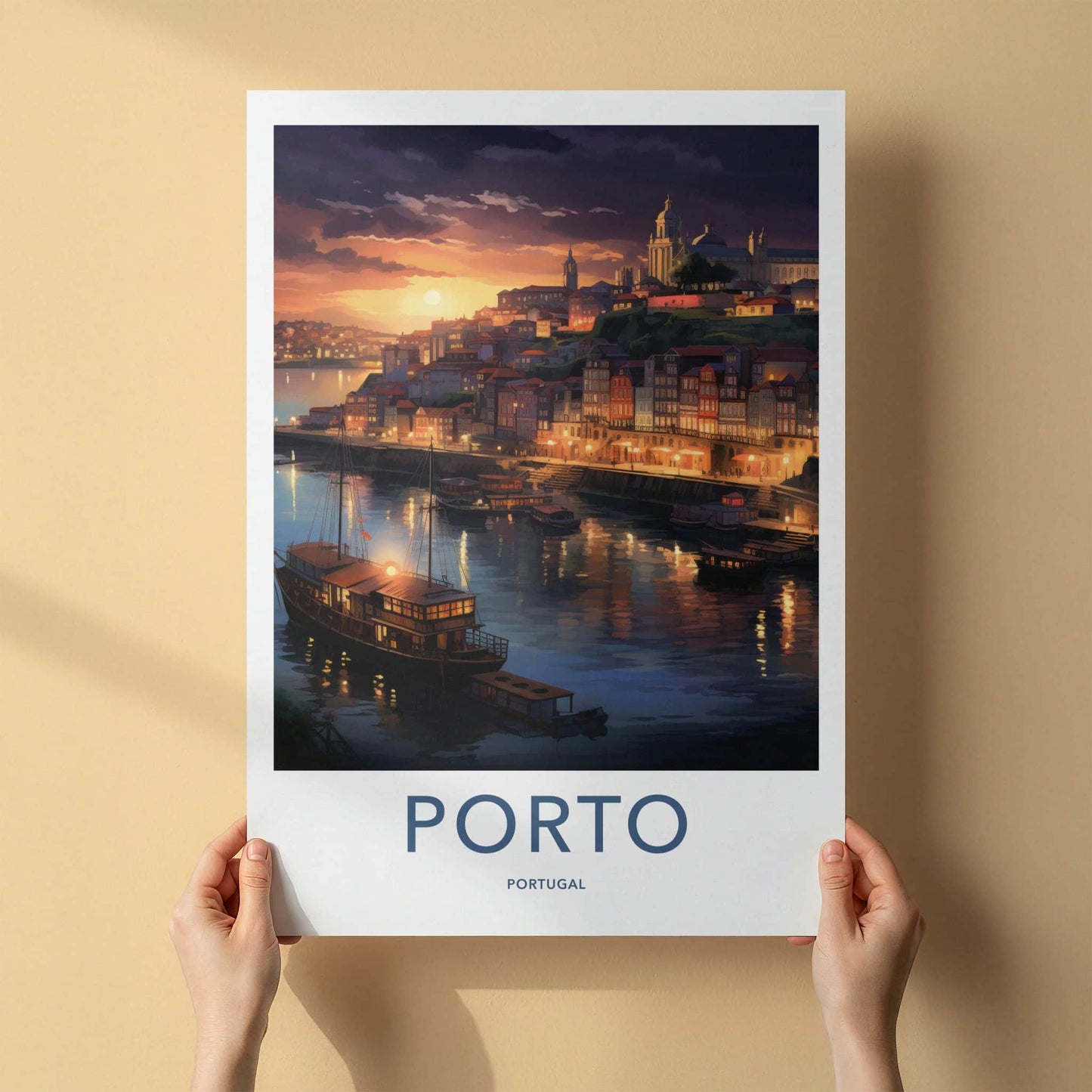 Porto Poster - Portugal Travel Art - Evening Riverside Scene Home Decor