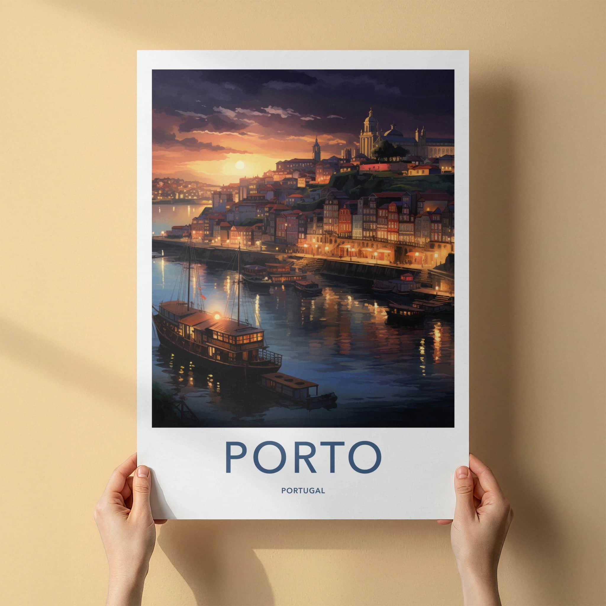 Porto Poster - Portugal Travel Art - Evening Riverside Scene Home Decor