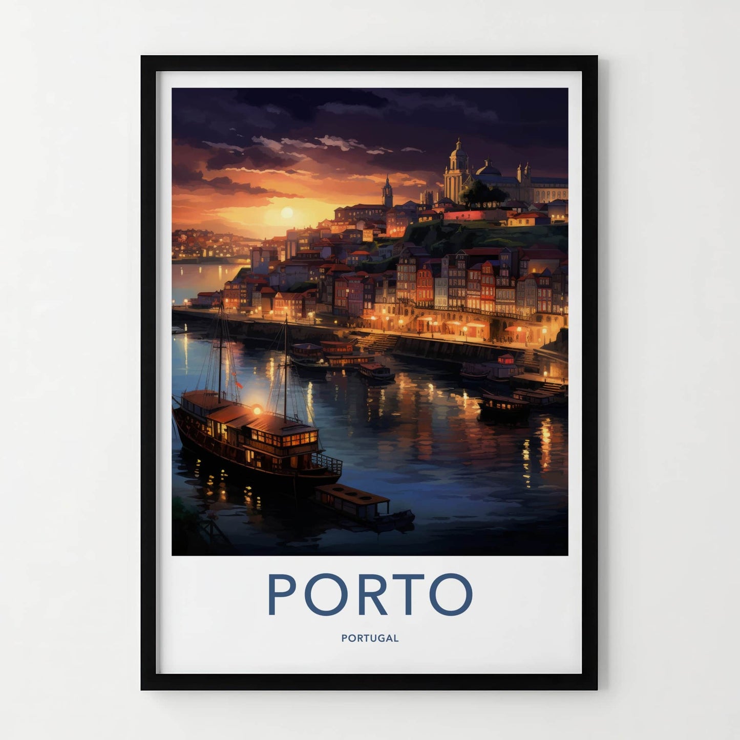 Porto Poster - Portugal Travel Art - Evening Riverside Scene Home Decor