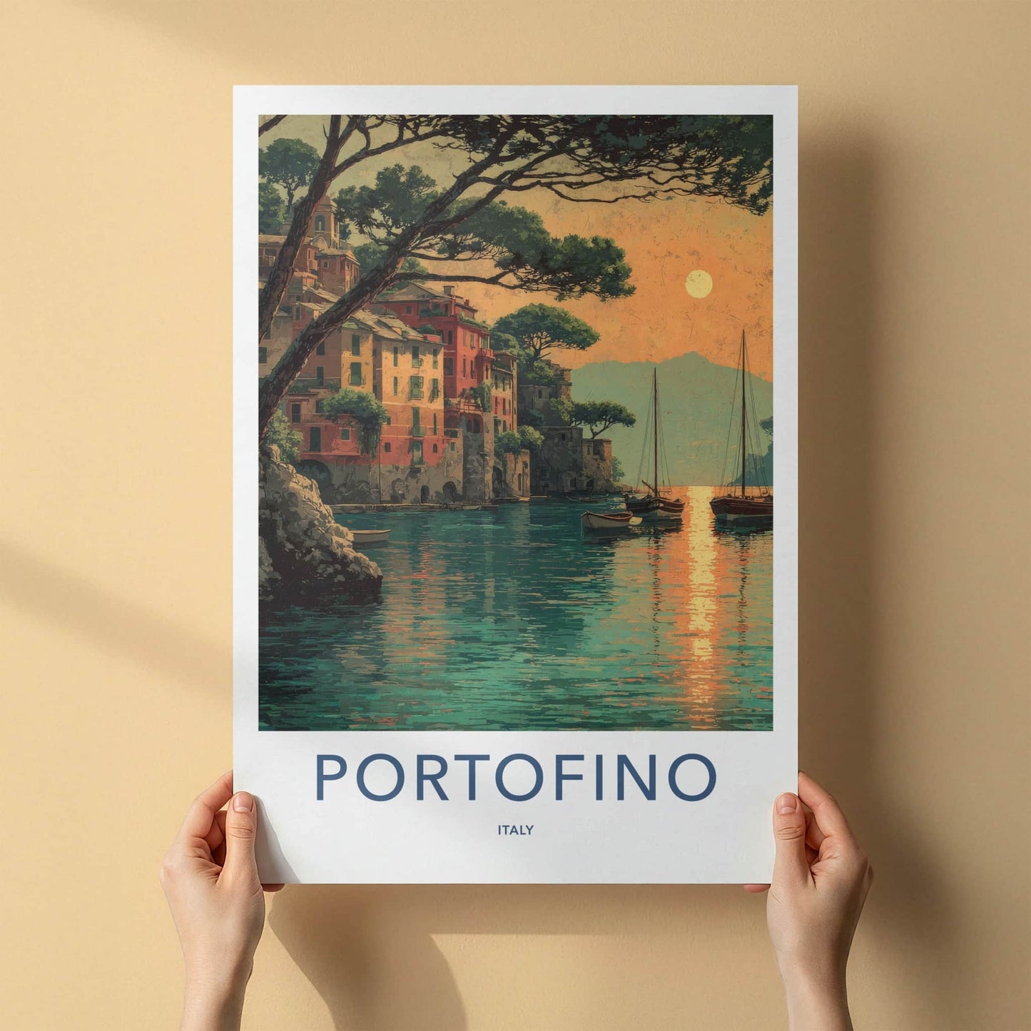 Portofino Poster - Italy Travel Art - Coastal Town Sunset Home Decor