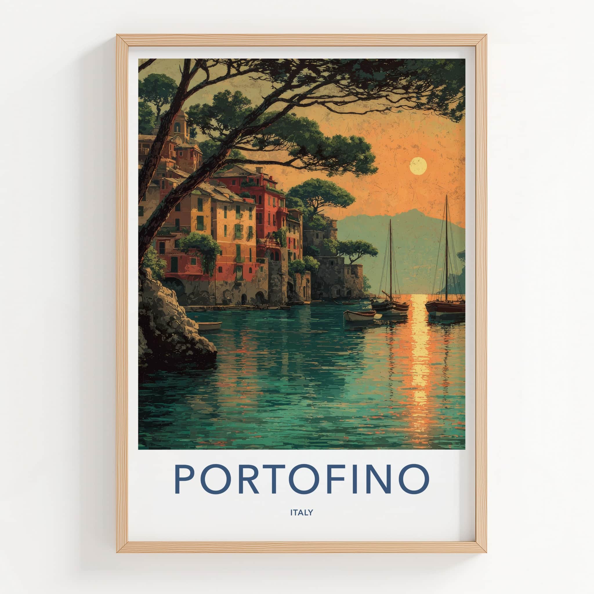 Portofino Poster - Italy Travel Art - Coastal Town Sunset Home Decor