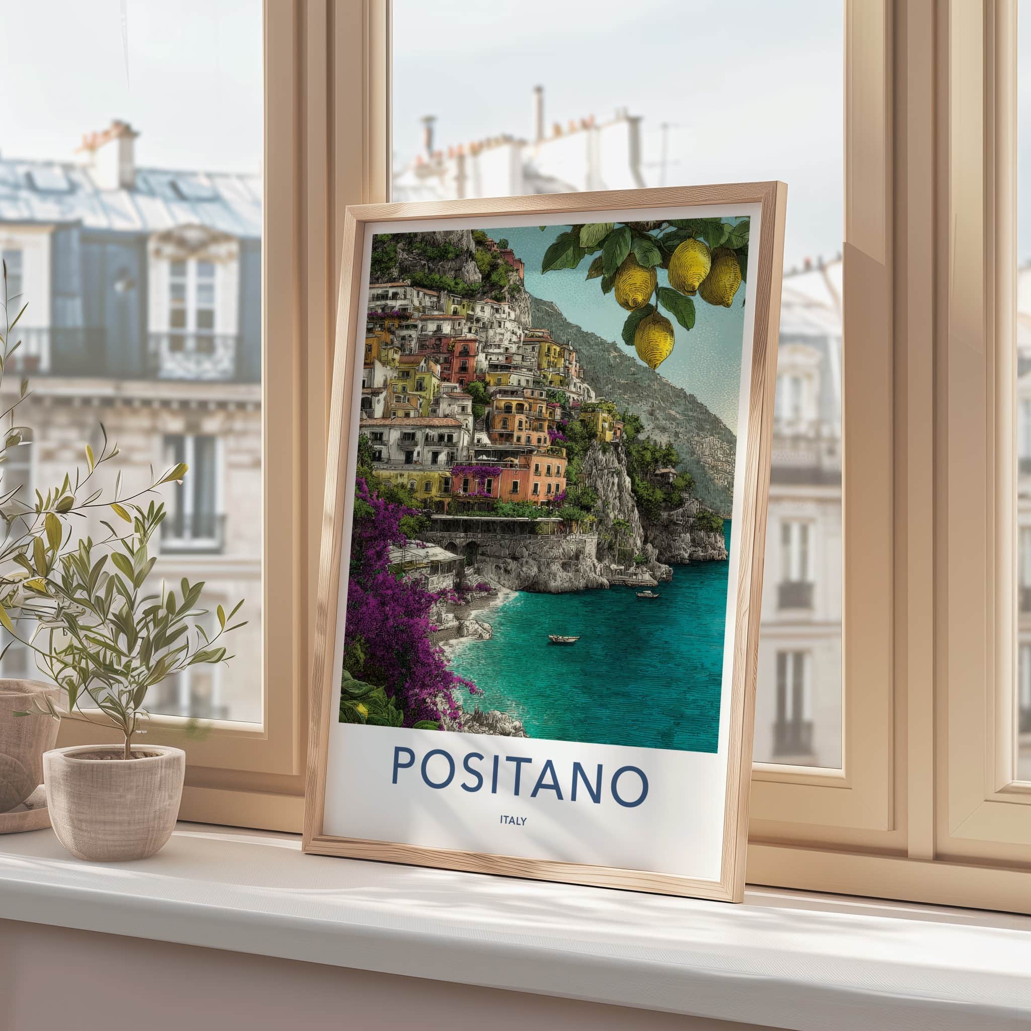 Positano Poster - Italy Travel Art - Cliffside Buildings Lemons Home Decor