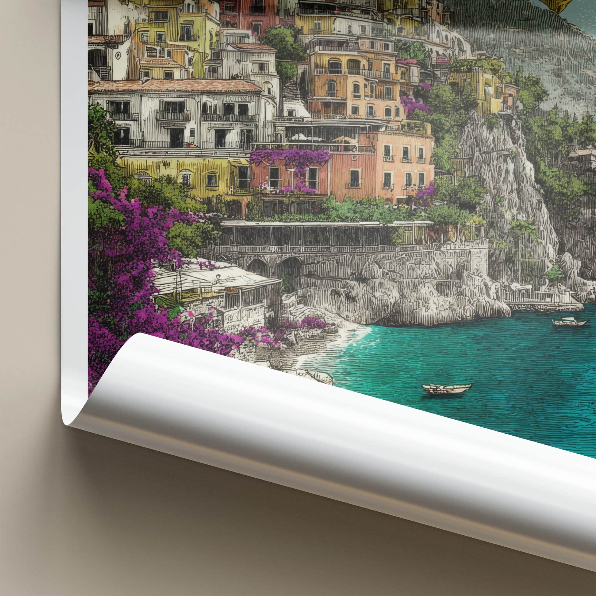 Positano Poster - Italy Travel Art - Cliffside Buildings Lemons Home Decor