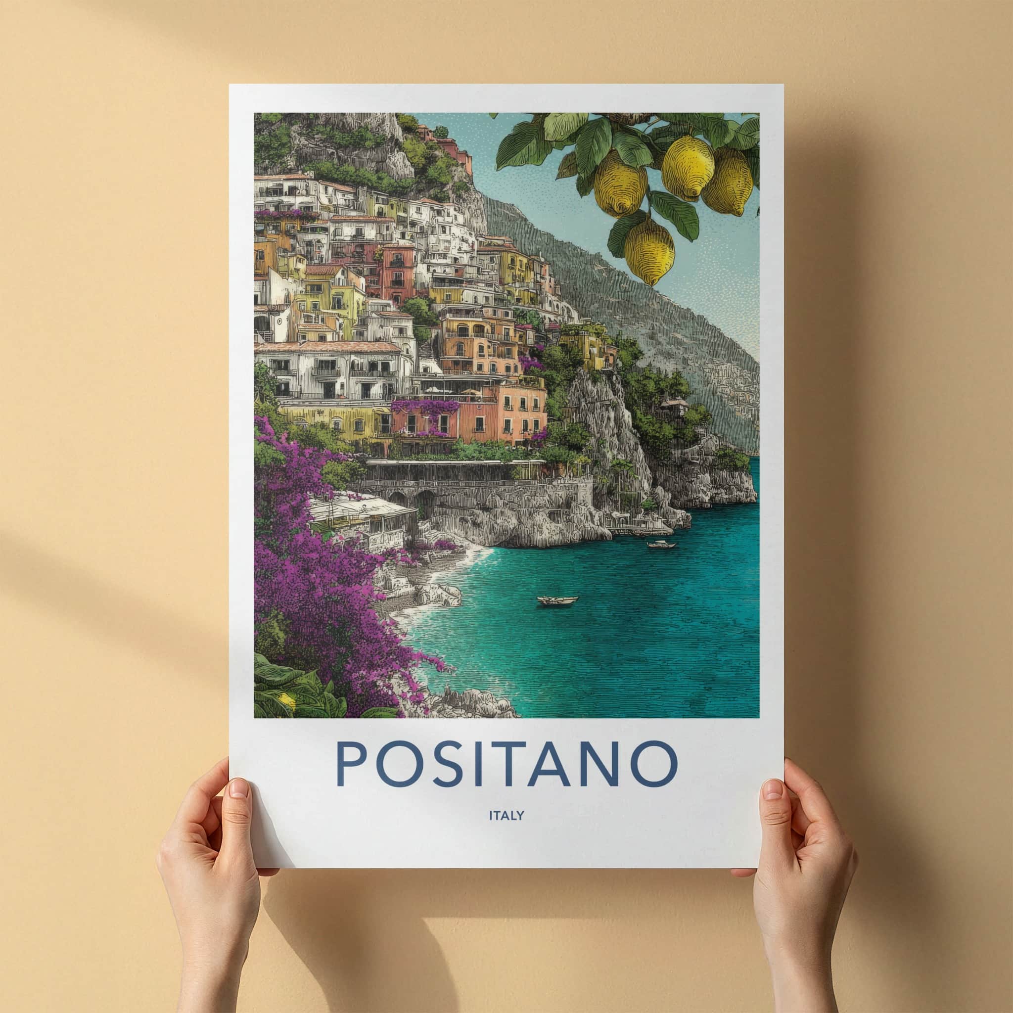 Positano Poster - Italy Travel Art - Cliffside Buildings Lemons Home Decor