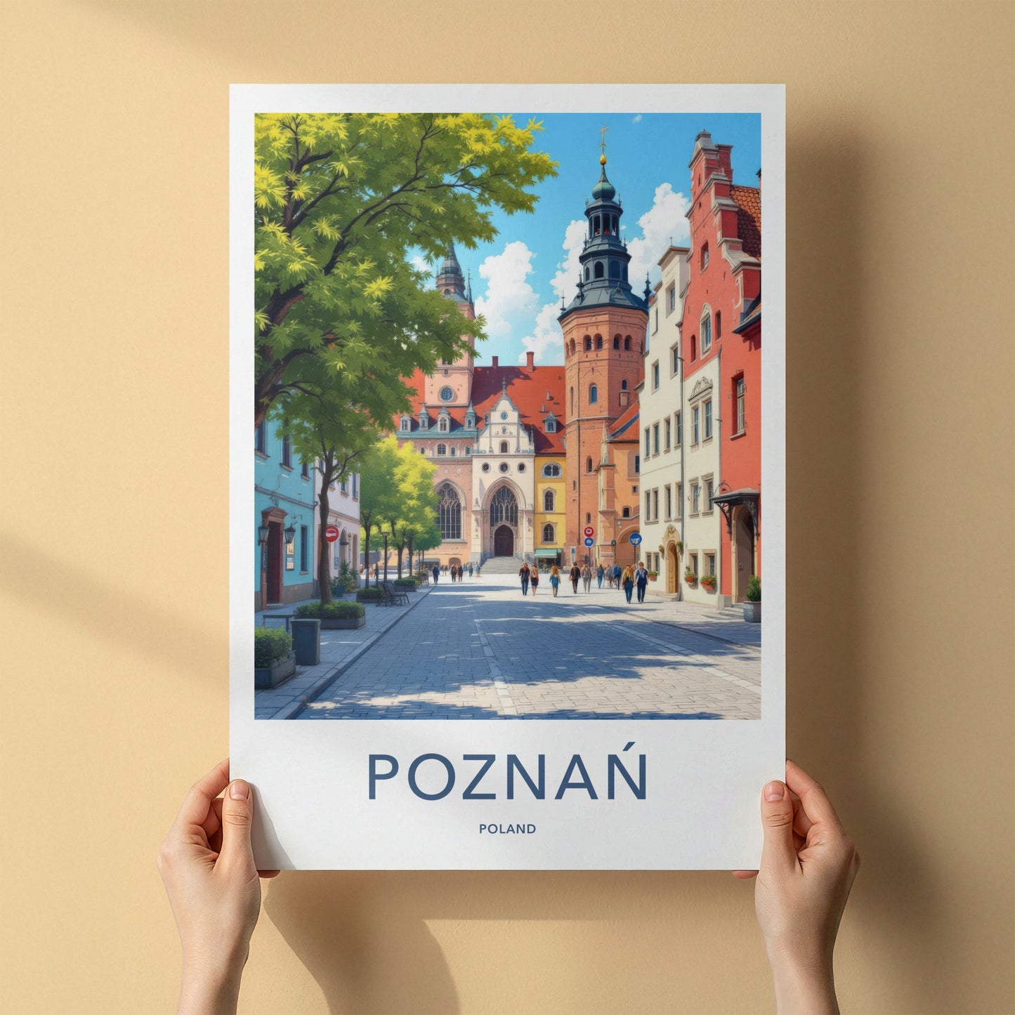 Poznan Poster - Poland Travel Art - Cobblestone Street Buildings Home Decor