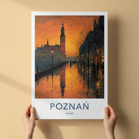 Poznan Poster - Poland Travel Art - Dusk Tower Reflections Wall Decor