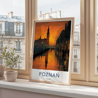 Poznan Poster - Poland Travel Art - Dusk Tower Reflections Wall Decor