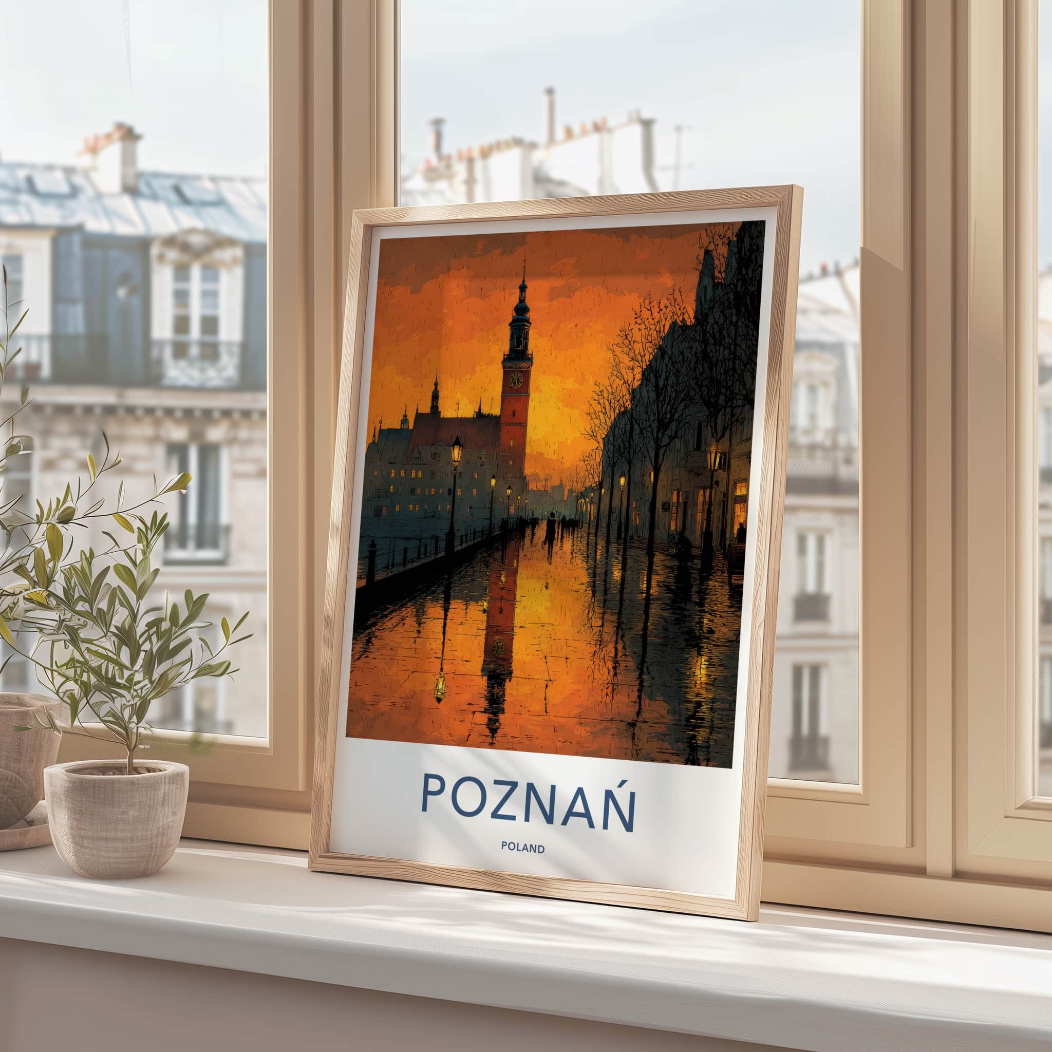 Poznan Poster - Poland Travel Art - Dusk Tower Reflections Wall Decor