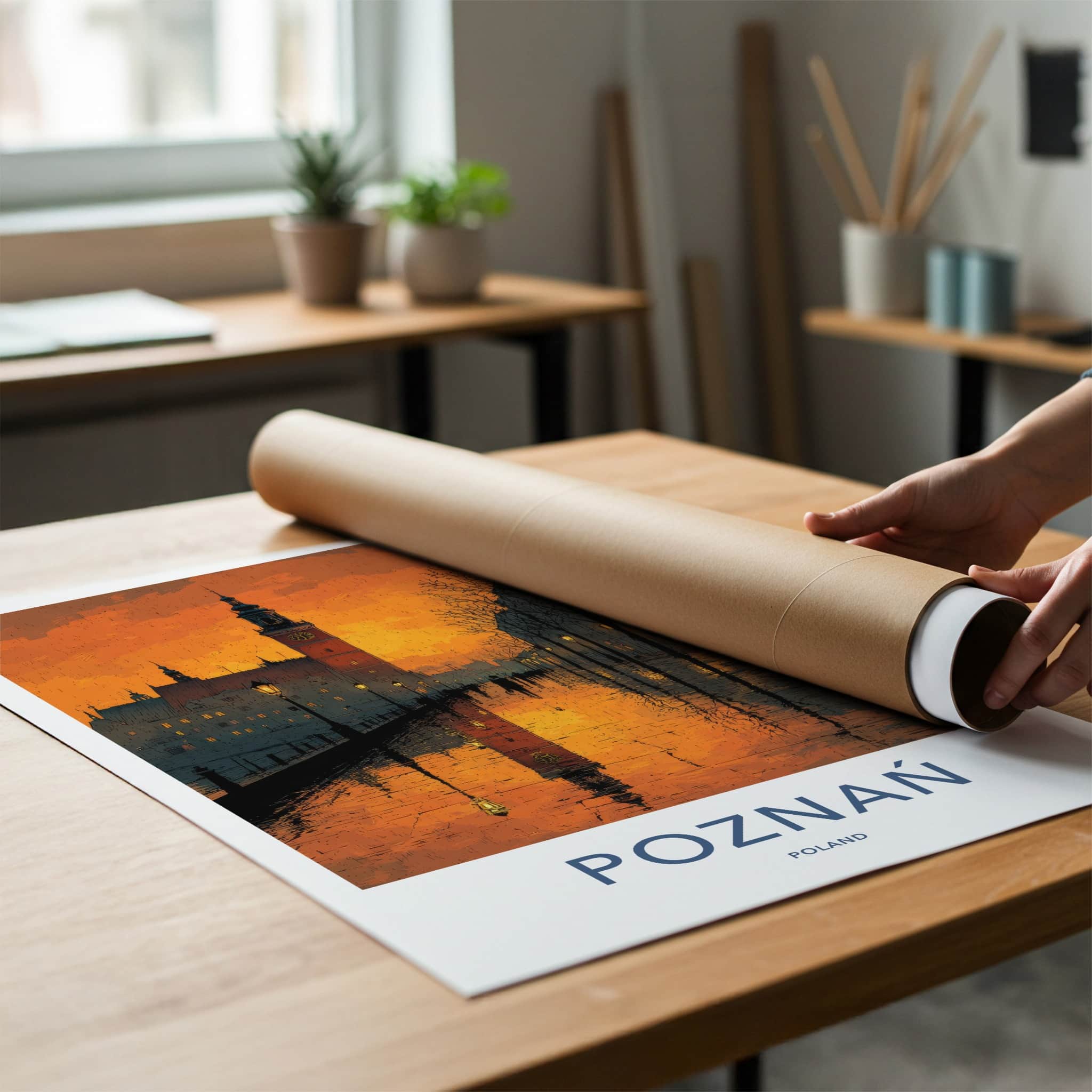 Poznan Poster - Poland Travel Art - Dusk Tower Reflections Wall Decor