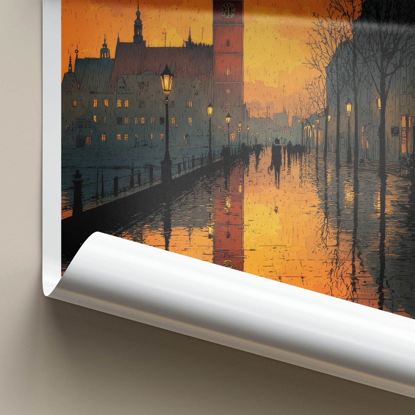 Poznan Poster - Poland Travel Art - Dusk Tower Reflections Wall Decor
