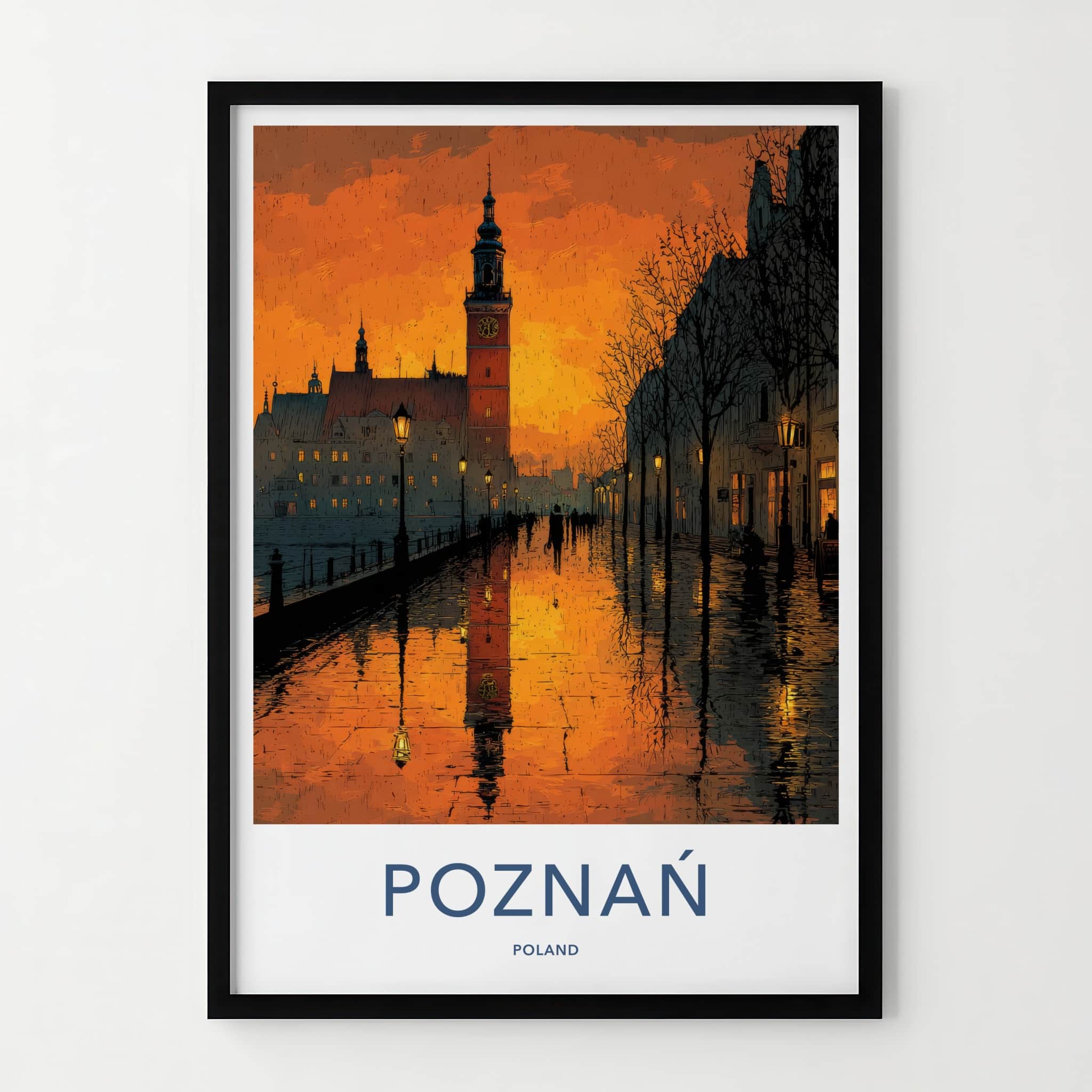 Poznan Poster - Poland Travel Art - Dusk Tower Reflections Wall Decor