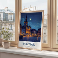 Poznan Poster - Poland Travel Art - Moonlit Historic Town Square Wall Decor