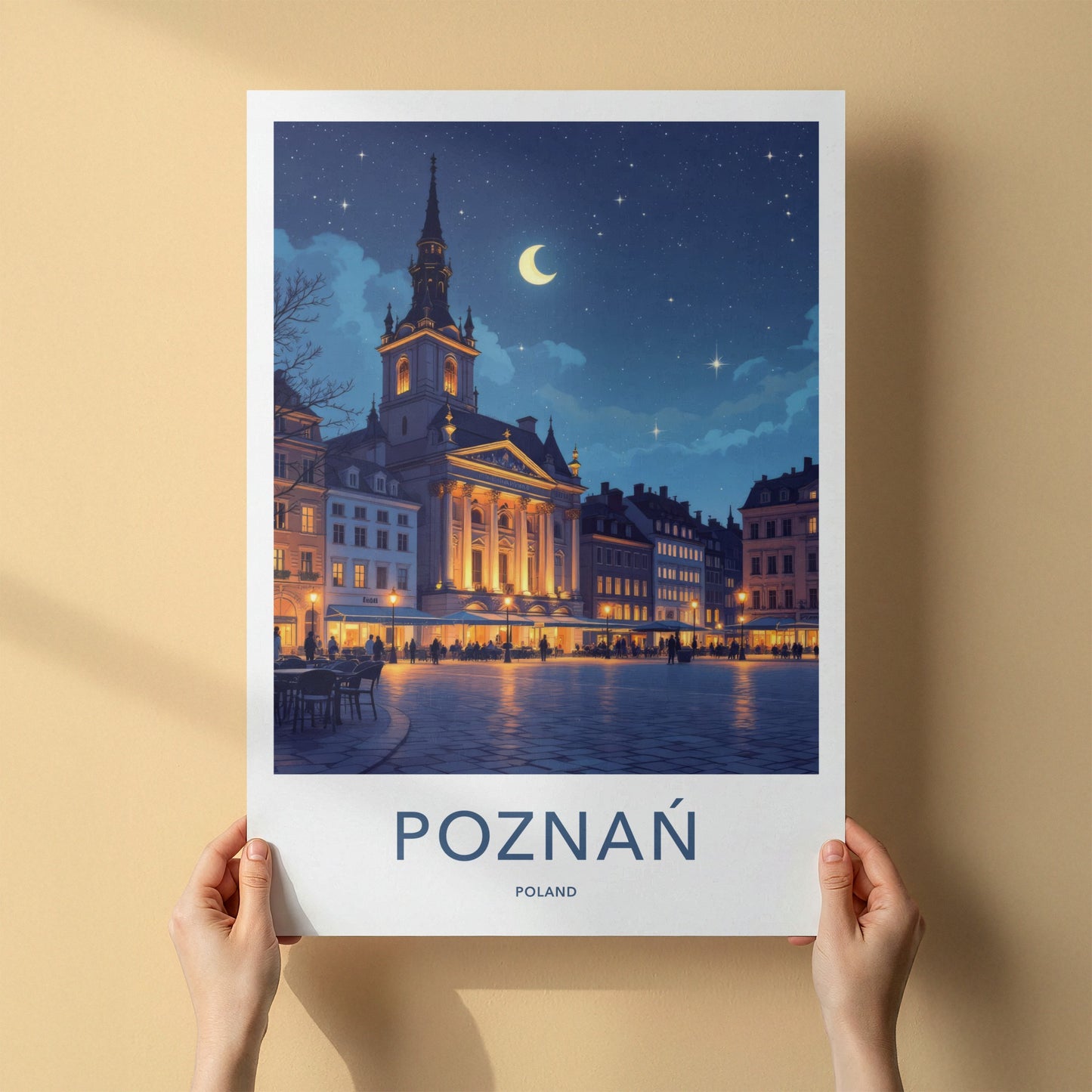 Poznan Poster - Poland Travel Art - Moonlit Historic Town Square Wall Decor