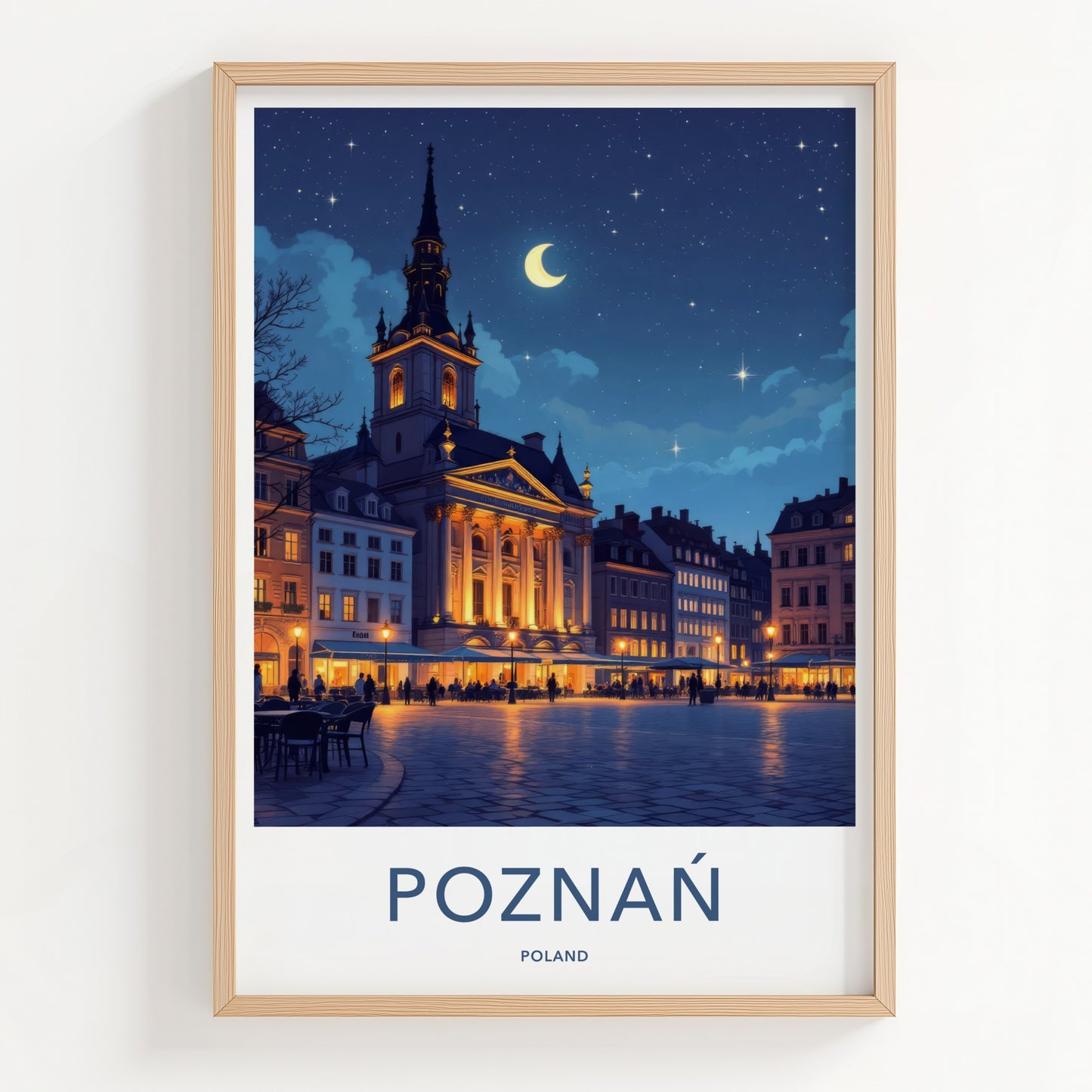 Poznan Poster - Poland Travel Art - Moonlit Historic Town Square Wall Decor