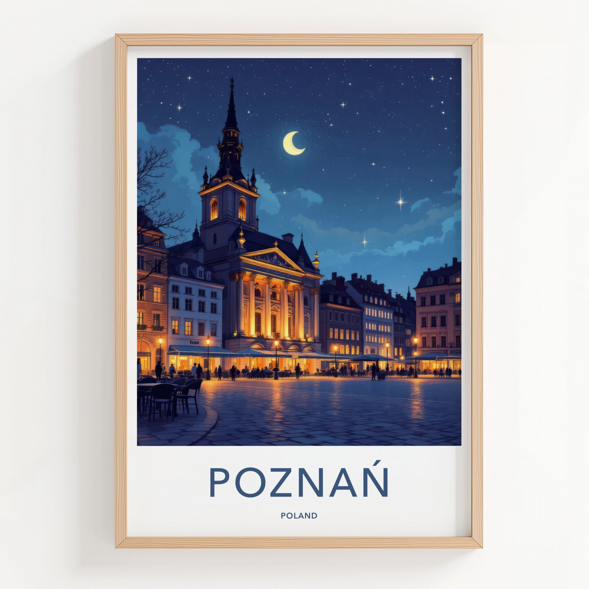 Poznan Poster - Poland Travel Art - Moonlit Historic Town Square Wall Decor